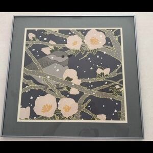 Bird flowers art lithograph painting w blue metal matching frame artwork birds